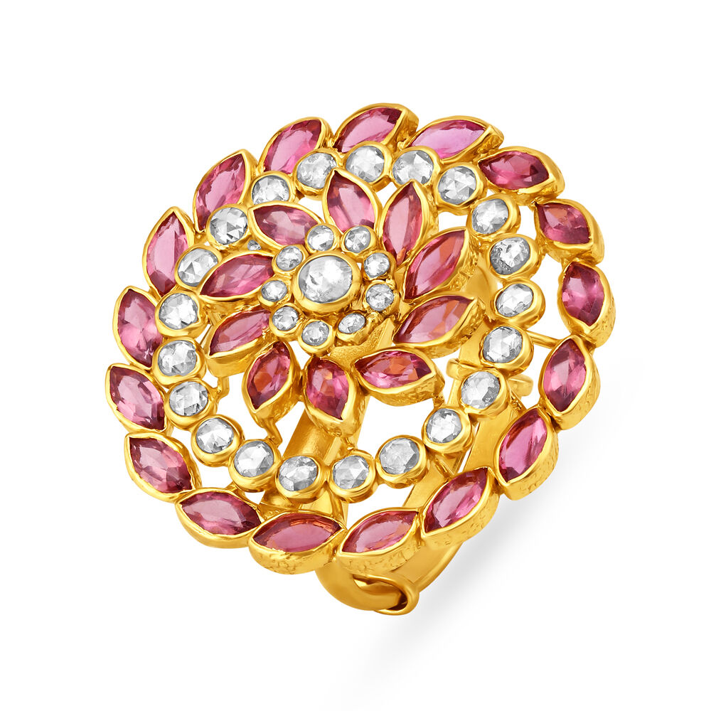 Ruby and Diamond Cluster Dome Cocktail Ring, 18K Yellow Gold – DDeco Jewels