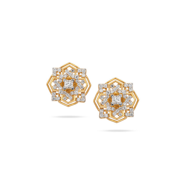 Graceful Geometric Gold and Diamond Stud Earrings,,hi-res image number null